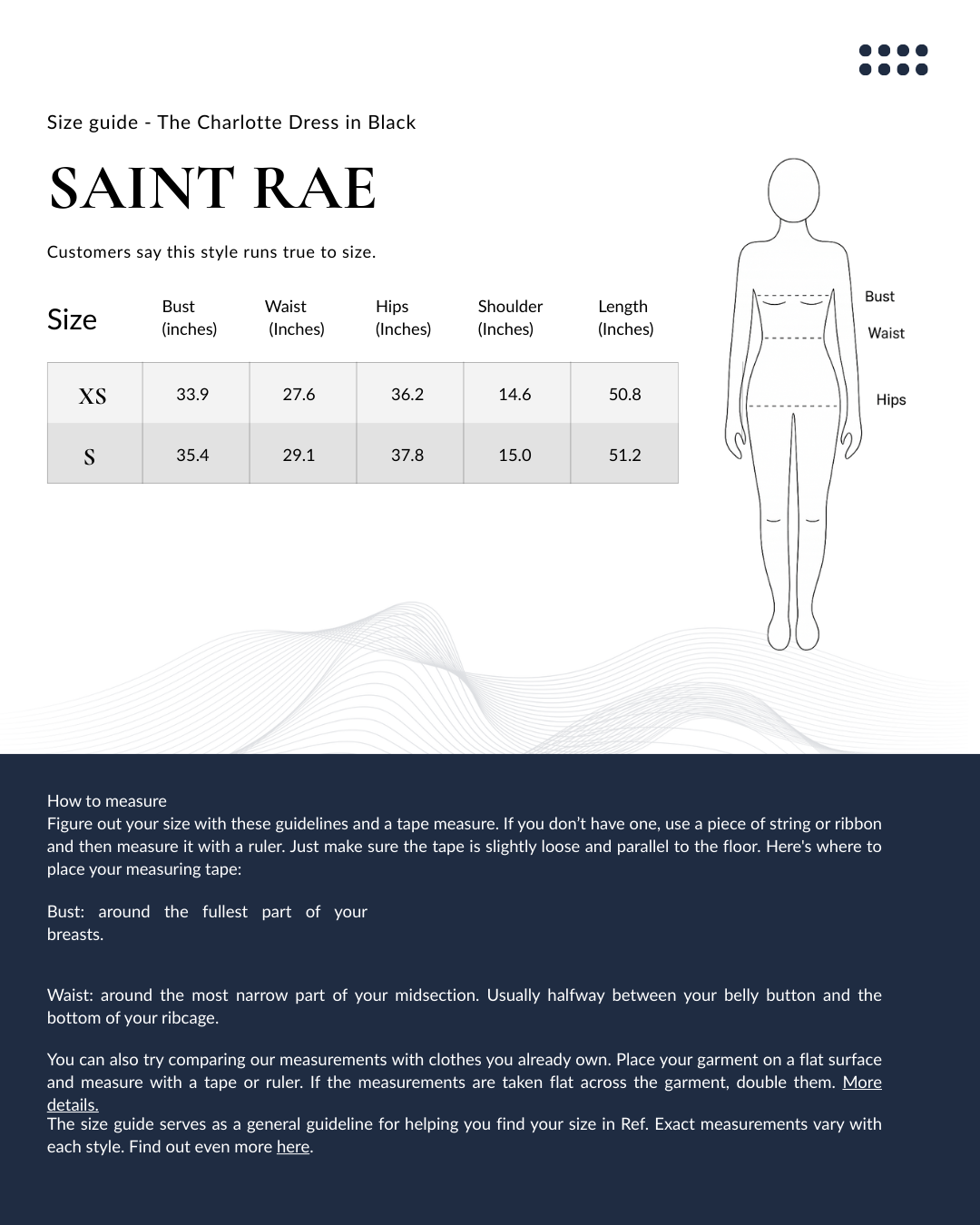 Size Chart The Charlotte Dress in Black