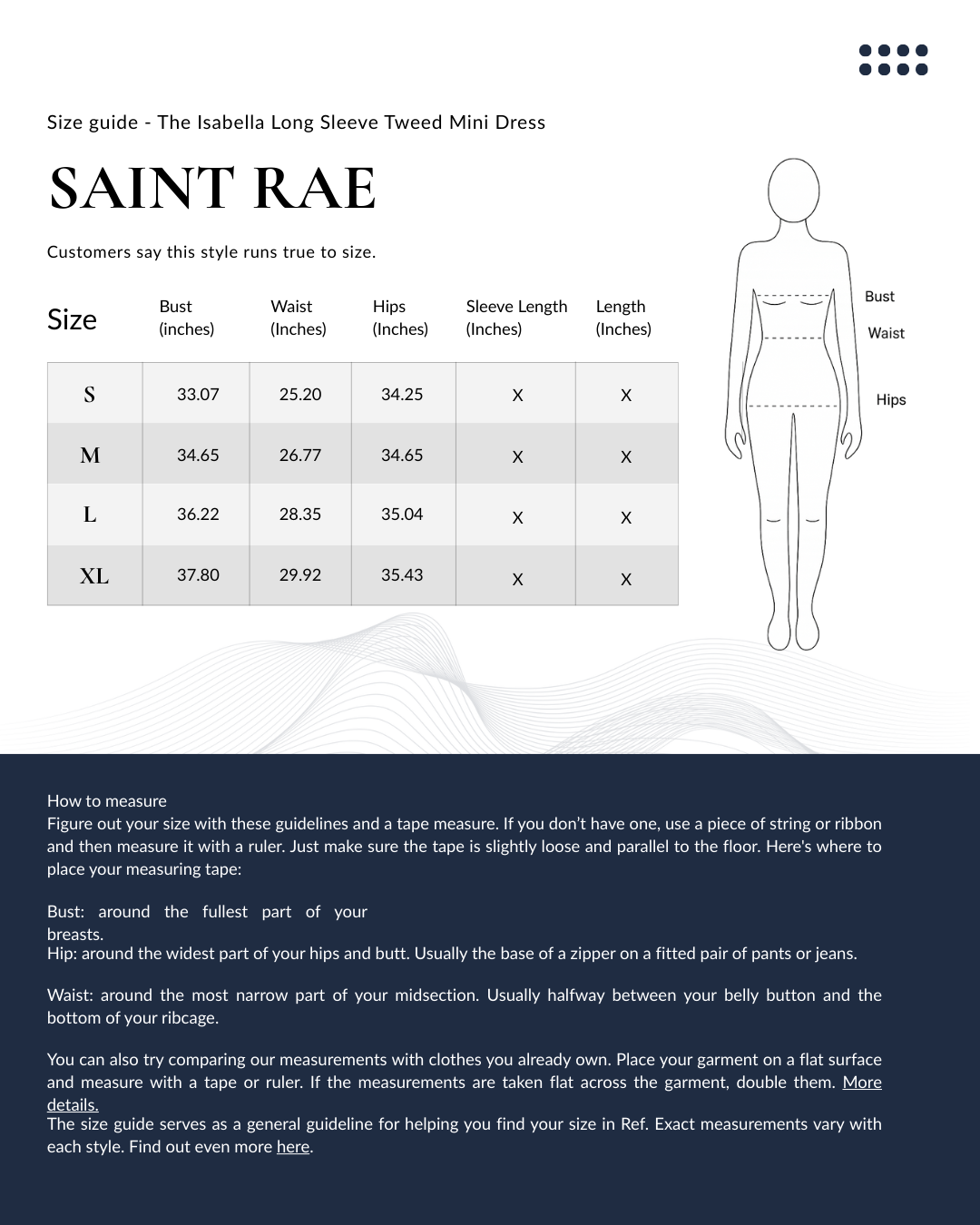 Size Chart The Isabella Long Sleeve Tweed Mini Dress