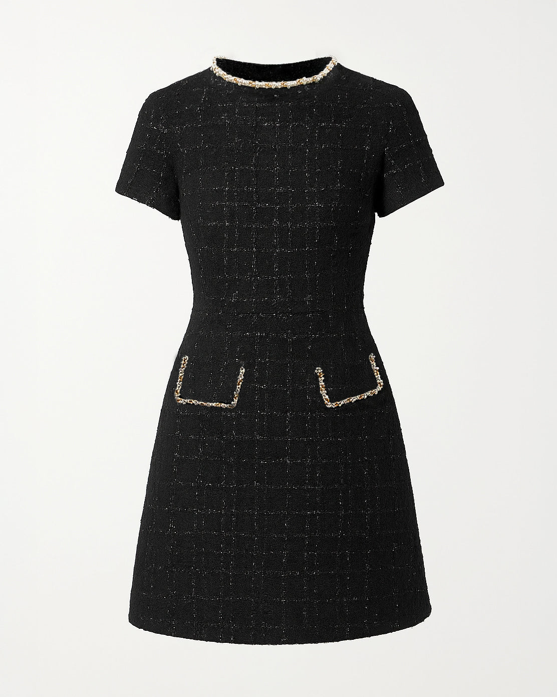 Flat lay of the Saint Rae Camille black tweed mini dress, a structured A-line mini dress with pearl-embellished neckline, decorative pocket trim, and short cap sleeves, perfect for business events, dinner dates, or cocktail parties.